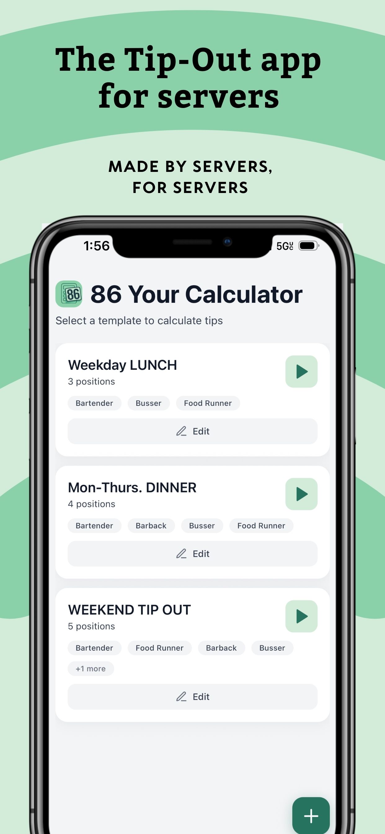Tip-out templates — save your restaurant's setup